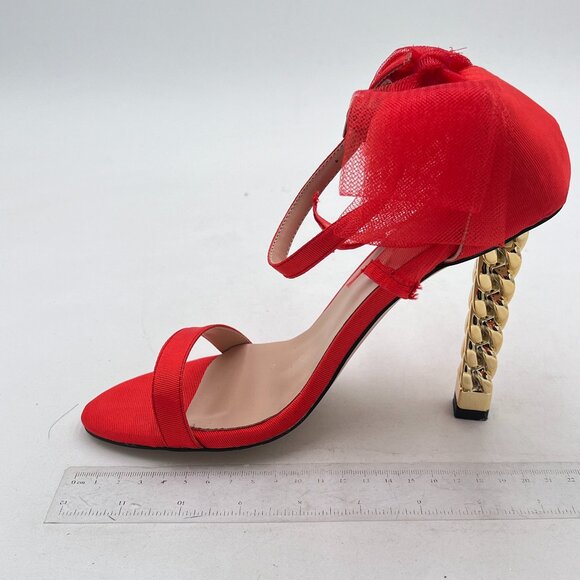 FSJ Red Mesh Gold Metal Chain Chunky High Heels Ankle Strap Open Toe Sandals - Picture 2 of 8